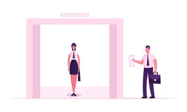 Asansörde Resmi Elbise Giyen İş Kadını veya Ofis Çalışanı Asansörde Asansörde Erkek Karakter Butonu ile Binanın Zemininde Durdu. Karikatür Düz Vektör İllüstrasyon