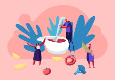 Aile Pişirme Süreci, Minik Erkek Karakter Stand Sandalyede Gravy Boat Büyük Kaşık ile Domates Sosu Karıştırma Şükran Günü Kutlama Karikatür Düz Vektör İllüstrasyon için Festive Çanak hazırlayın