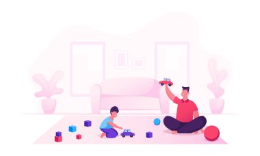 Adam ve Küçük Çocuk Oyun Eğlence. Baba ve Çocuk Mutlu Aile Akşam veya Hafta sonu Boş Zaman having. Baba ve Küçük Oğlu Yerde Oturan Oyuncakları Oynuyorlar. Loving İlişki Karikatür Düz Vektör İllüstrasyon