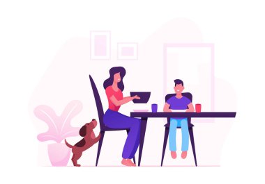 Mutlu Aile Anne, Küçük Çocuk ve Pet Yemek ile Masada Oturan Akşam Yemeği having. Anne ve Oğlu Yemek Yeme ve Birlikte Talking, Öğle Yemeği Sırasında Neşeli Karakterler. Karikatür Düz Vektör İllüstrasyon