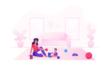 Mutlu Aile Loving Anne ve Neşeli Kid Leisure Time having. Anne ve Küçük Oğlu Yerde Oturan Oyuncakları Oynuyorlar. Kadın ve Bebek Erkek Oyun Eğlenceli Loving İlişki Karikatür Düz Vektör İllüstrasyon