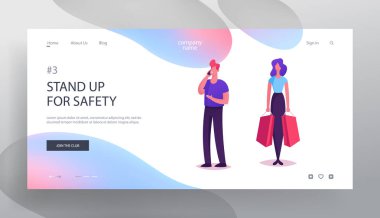 İnsanlar Lobi De Asansör Web Sitesi Açılış Sayfası Bekliyor Standı. Casual Giyim Man Cep Telefonu ve Genç Styled Woman Holding Alışveriş Çantaları Web Sayfası Banner tarafından konuşan. Karikatür Düz Vektör İllüstrasyon