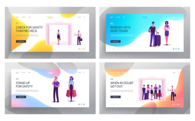Asansör Web Sitesi Açılış Sayfa Seti Yolcuları. House Office veya Alışveriş Merkezi Binası Web Sayfası Banner Asansör Taşıma kullanarak Erkek ve Kadın Karakterler. Karikatür Düz Vektör İllüstrasyon
