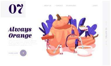 Kabak Yemekleri Web Sitesi Açılış Sayfası. Tiny Erkek ve Kadın Karakterler Pişirme ve Geleneksel Şükran Squash Gıda Pie, Lapa ve Çorba Web Sayfası Banner Yeme. Karikatür Düz Vektör İllüstrasyon
