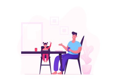 Baba ve Küçük Kız Mutlu Aile Yüksek Tabure üzerinde Oturan Mutfakta Gıda ile Akşam Yemeği Oturma Masası. Baba kızı besliyor, öğle yemeğinde yemek yiyen insanlar. Karikatür Düz Vektör İllüstrasyon