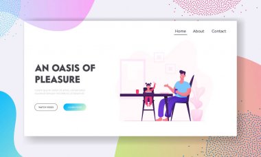 Baba Yem Kızı Web Sitesi Açılış Sayfası. Baba ve Kız Bebek Mutlu Aile Yüksek Tabure üzerinde Oturan Mutfak Web Sayfası Banner Üzerinde Gıda ile Akşam Yemeği Oturma Masası. Karikatür Düz Vektör İllüstrasyon