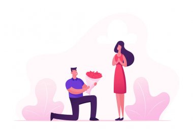 Sevimli Sürpriz Kız Diz Ayakta Erkek Arkadaşı gelen Güzel Çiçek Buket almak için mutlu. Çift Dating Man Kız Arkadaşı Hediye vermek sahip. Love İnsan İlişkisi Karikatür Düz Vektör İllüstrasyon