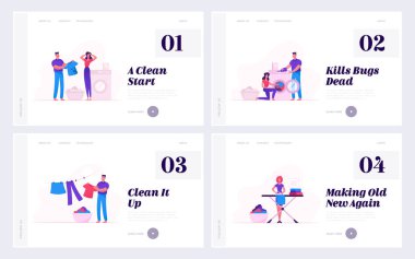 Loving Çift Ödev Görevleri ve AngaryaWeb Sitesi Açılış Sayfası Seti. Erkek ve Kadın Karakterlerle Ev Aktivitesi Yıkama ve Ütü Kirli Giysiler Web Sayfası Afiş Karikatür Düz Vektör İllüstrasyon