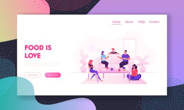 Şirket Ev Partisi, Boş Zaman Web Sitesi Açılış Sayfası. Oturma Odasında Masada Oturanlar Pizza Yiyor, Çay Içiyor. Arkadaşlar Leisure Kutlama Web Sayfası Banner. Karikatür Düz Vektör İllüstrasyon
