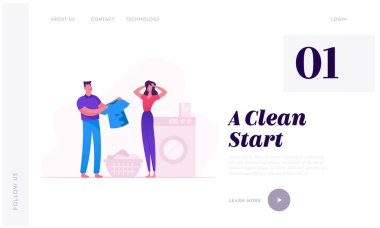 Ev Günlük Rutin Web Sitesi Açılış Sayfası. Hafta sonu Aile Işleri. Çamaşır Makinesi Web Sayfası Banner Karikatür Düz Vektör İllüstrasyon ile Çamaşır Hanede Kadın Blame ile Man Show Dirty T-shirt