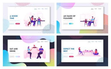 Çocuk ve Arkadaşlar Şirket Hafta sonu Boş Zaman Web Sitesi Açılış Sayfası Seti ile Mutlu Aile. İnsanlar birlikte ev yemekleri Web Sayfası Banner yeme yeme zaman harcamak. Karikatür Düz Vektör İllüstrasyon