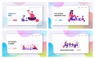 Happy Family with Kids Birlikte Vakit Geçiren Web Sitesi Açılış Sayfası Seti. Anne Baba Kız ve Oğlu Evde Oynama ve Yeme, Ebeveynler ve Çocuklar Web Sayfası Afiş Karikatür Düz Vektör İllüstrasyon