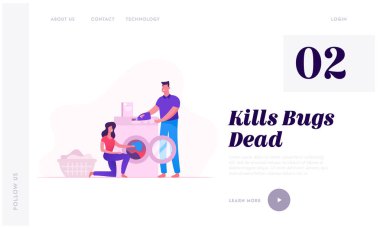 Karı Koca Ev Etkinliği Web Sitesi Açılış Sayfası. Çamaşır Makinesine Kirli Çarşaf Yükleyen Genç Kadın, Adam Döküm Deterjan, Ev Işleri Web Sayfası Afiş. Karikatür Düz Vektör İllüstrasyon