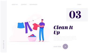 Ev Görevleri ve Angaryalar Web Sitesi Açılış Sayfası. Banyo Çamaşırsepetinden Yıkanmış Keten alarak Halat Üzerinde Temiz Islı Giysiler Asılı Adam. Ödev Web Sayfası Banner. Karikatür Düz Vektör İllüstrasyon