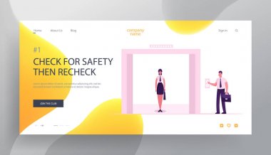 İş kadını Stand Asansör Web Sitesi Açılış Sayfası. Ofis Görevlisi Giyen Resmi Elbise Standı Asansörde Açık Kapılı Binada Man Push Button Web Page Banner ile. Karikatür Düz Vektör İllüstrasyon