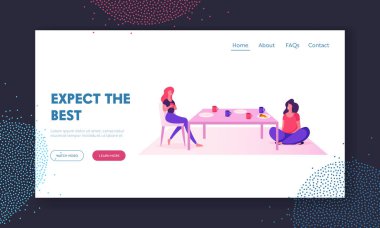 Kız Arkadaşlar Ana Sayfa Toplantı Web Sitesi Açılış Sayfası. Masada İçme İçkileri Ile Oturan ve Evde İletişim Kuran Kadınlar. Dostluk, Boş Zaman Web Sayfası Banner. Karikatür Düz Vektör İllüstrasyon