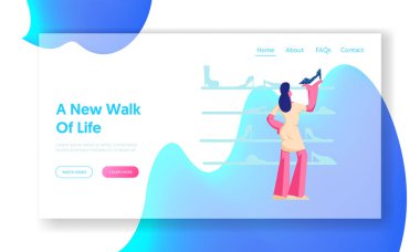 Müşteri Alışveriş Boş Zaman Web Sitesi Açılış Sayfası. Genç Kadın Izliyor ve Footgear Store'da Raflarda Duran Ayakkabı seçin. Şık Kız Shopaholic Web Sayfası Afiş Karikatür Düz Vektör İllüstrasyon