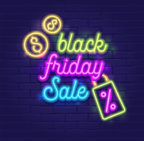 Czarny piątek sprzedaż banner z bardzo szczegółowe realistyczne Neon świecące Typografia na ciemny niebieski Brick Wall tle. Plakat ulotki dla zniżki oferta promocja lub ulotka Design. Ilustracja wektorowa — Wektor stockowy