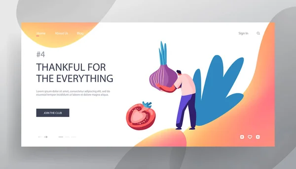 Produits pour Thanksgiving Day Dishes Cooking Website Landing Page. Tiny Male Character Carry Huge Onion and Tomato for Preparing Home Festive Food Page Web Banner. Illustration vectorielle plate de bande dessinée — Image vectorielle