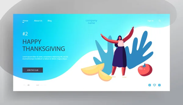 Thanksgiving dag firande webbplats landningssida. Glad kvinnlig karaktär stå med händerna upp och färska grönsaker tomat och pumpa skivor runt webbsida banner. Tecknad platt vektor illustration — Stock vektor