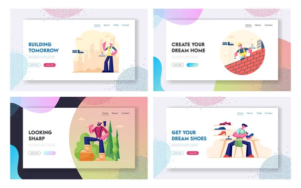 Farklı İşçi Erkek Meslek Meslek Web Sitesi Açılış Sayfası Seti. Mimar Builder Lumberjack ve Shoemaker Karakterler İş başında. Çalışkan İnsanlar Web Sayfası Afiş Karikatür Düz Vektör İllüstrasyon