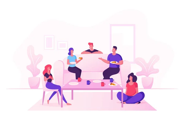 Kelompok Pemuda Merayakan di Home Party Duduk di Meja di Living Room Eating Pizza, Minum Tea. Friends Company Leisure Weekend Spare Time, Perayaan. Ilustrasi Vektor Flat Kartun - Stok Vektor