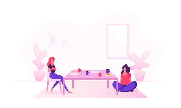 Un par de amigas sentadas a la mesa con bebidas para beber y comunicándose en casa. Personajes femeninos Amistad, Charlando con Mujeres Tener Ocio, Dibujos Animados Esparetime Ilustración de Vectores Planos — Vector de stock