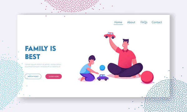 Adam ve Boy Oyun Web Sitesi Açılış Sayfası. Mutlu Baba ve Çocuk Boş Zaman sahip Aile. Baba ve Küçük Oğul Yerde Oturan Oyuncakları Oynuyorlar. Loving İlişki Web Sayfası Banner. Karikatür Düz Vektör İllüstrasyon