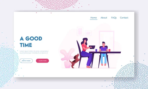 Öğle Yemeği Web Sitesi Açılış Sayfası Sırasında Neşeli Karakterler. Mutlu Anne Ailesi, Küçük Çocuk ve Masada Oturan Evcil Hayvan. Anne ve Oğlu Yemek Web Sayfası Banner yiyin. Karikatür Düz Vektör İllüstrasyon