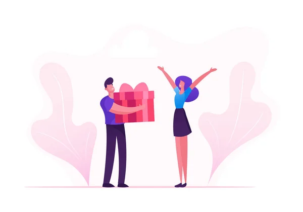 Namorado amoroso Apresentando enorme embrulhado caixa de presente para namorada no dia dos namorados feliz, aniversário ou qualquer feriado. Homem e mulher em relações. Felicidade Surpresa Amor Desenhos Animados Flat Vector Ilustração —  Vetores de Stock