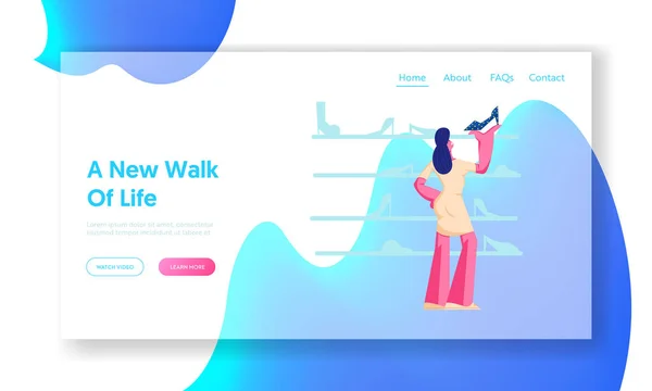 顧客ショッピングの空き時間ウェブサイトのランディングページ。フットギアストアの棚に立つ若い女性の見て、靴を選びます。スタイリッシュな女の子買い物中毒ウェブページバナー漫画フラットベクトルイラスト — ストックベクタ
