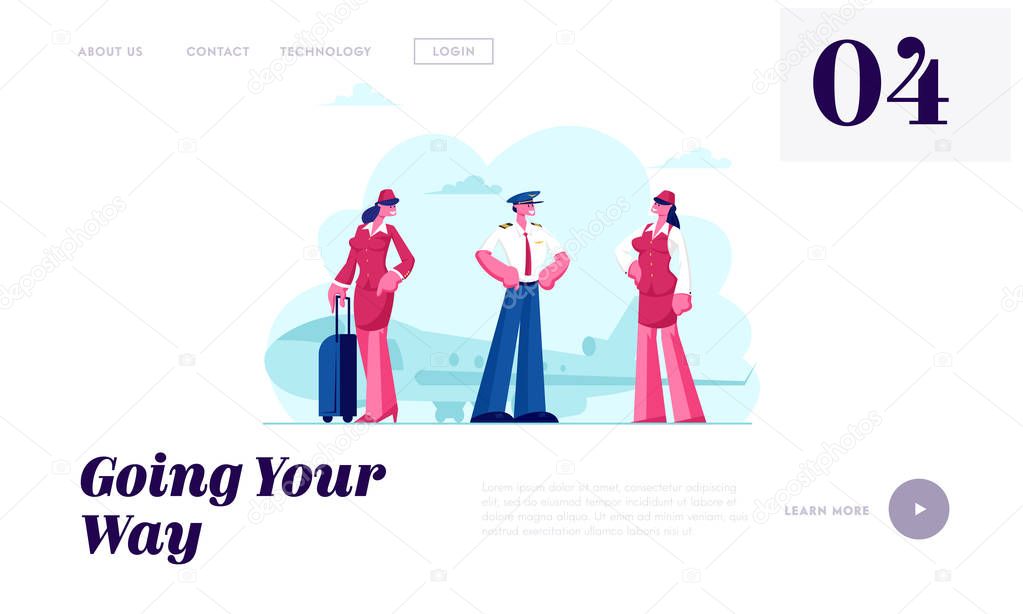 Air Hostess Service Website Landing Page. Aviation Aircrew Characters Pilot and Stewardesses Wearing Uniform and Luggage Stand on Airport with Airplane Web Page Banner Cartoon Flat Vector Illustration