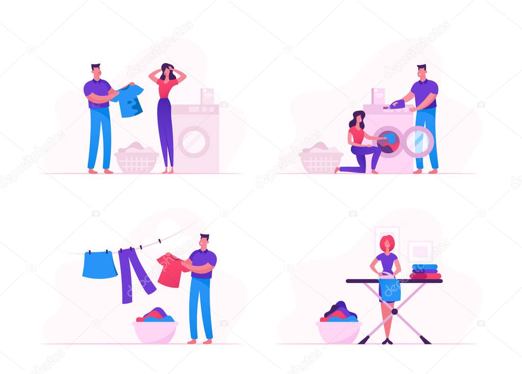Household Activity Concept with Male and Female Characters Loading Dirty Clothes to Washing Machine, Ironing and Drying Linen. Loving Couple Homework Duties and Chores Cartoon Flat Vector Illustration