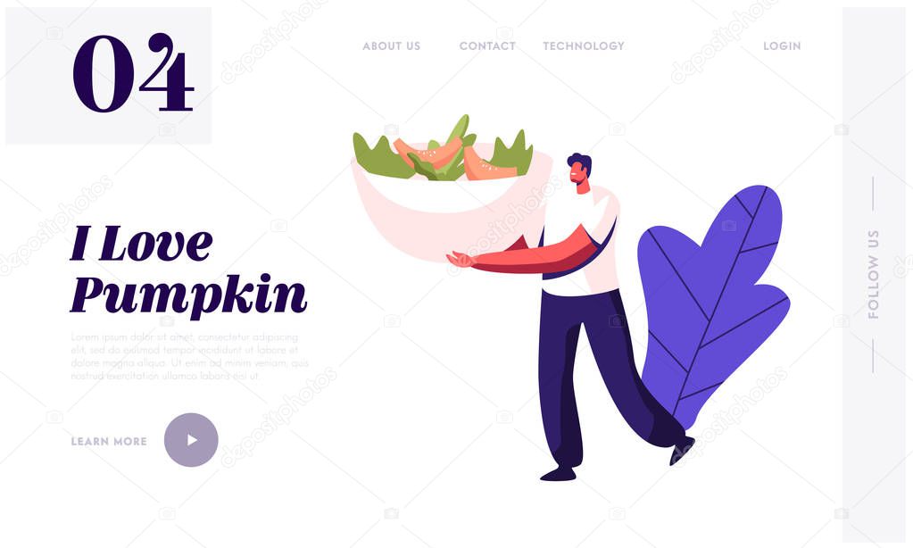 Healthy Food Website Landing Page. Tiny Male Character Carry Huge Plate with Salad Made of Pumpkin for Thanksgiving Day Dinner. Man Cooking Meal Web Page Banner. Cartoon Flat Vector Illustration