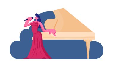 Grand Piano'da Güzel Gece Elbisesi Standı Giyen Kadın Opera Sanatçısı Konser Salonu Sahne Mevzisi'nde Mikrofonla Klasik Kompozisyon Şarkı Söylüyor. Kültürel Yaşam Karikatür Düz Vektör İllüstrasyon