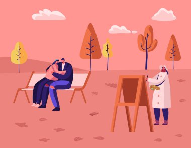 Sonbahar Sezonu Açık Zaman Kamu City Park'ta. Sevgi Dolu Çift Bankta Oturan Sarılma ve birbirleriyle konuşan, Kadın Ressam Tuval Üzerinde Resim Çizim. Karikatür Düz Vektör İllüstrasyon