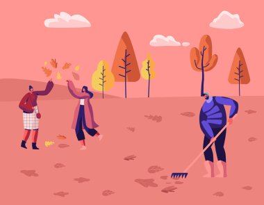 Mutlu İnsanlar Autumn Park veya Orman'da Vakit Geçirirler. Düşmüş Sonbahar Yaprakları ile Oynayan Modern Casual Kadınlar. Man Hademe Topraktan Yaprak Tırmıklama. Güz Sezon Leisure Karikatür Düz Vektör İllüstrasyon