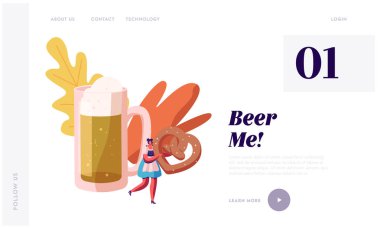 Oktoberfest Web Sitesi Açılış Sayfası. Güzel Garson Giyen Geleneksel Bavyera Elbise Dirndl Büyük Köpük Bira Kupa Web Sayfası Banner yakın Ellerde Büyük Simit Holding. Karikatür Düz Vektör İllüstrasyon