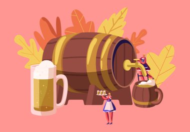 Minyatür Kadın Karakterler Garson Giyen Geleneksel Alman Kostüm Dirndl Büyük Ahşap Namlu dan Kupalar bira dökme ile Oktoberfest Bavyera Festivali Kavramı. Karikatür Düz Vektör İllüstrasyon