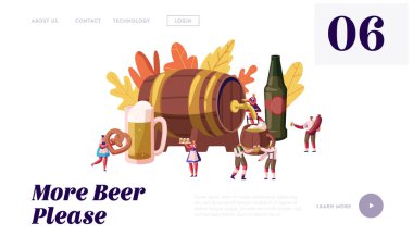 Oktoberfest Kutlama Web Sitesi Açılış Sayfası. Erkek ve Kadın Karakterler Geleneksel Alman Kostümleri Giyen Bira Web Sayfası Banner ile Huge Wood Barrel etrafında yürüyüş. Karikatür Düz Vektör İllüstrasyon