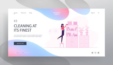 Hafta Sonu Web Sitesi Açılış Sayfasında Evde Mobilya Silme Kadın. Ev hanımı Temizlik Kitabı Rafları. Housework Kız Toz Modern Daire İç Web Sayfası Banner. Karikatür Düz Vektör İllüstrasyon