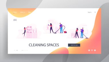 Ev İşleri Karakterleri Temizlik Ana Web Sitesi Açılış Sayfası. Çift günlük rutin. Ev Görevleri ve İşleri, Toz ve Vakum Temizleme Web Sayfası Banner Silme Mopping. Karikatür Düz Vektör İllüstrasyon