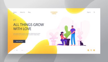 Houseplants Web Sitesi Açılış Sayfası Happy Couple Bakım. Erkek ve Kadın Evde Saksı Bitki yetiştirme. Erkek ve Kadın Karakterler Bahçe Zevk. Web Sayfası Banner. Karikatür Düz Vektör İllüstrasyon