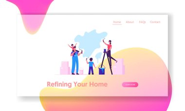 Happy Family With Kids Home Web Sitesi Açılış Sayfasında Yenileme Yapıyor. Ebeveynler ve Çocuklar Birlikte Yeni Ev Web Sayfası Banner Karikatür Düz Vektör İllüstrasyon Rollers ile Duvar Boyama Zaman Harcamak