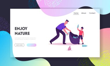 Baba ve Oğul Gönüllüler Çanta Web Sitesi Açılış Sayfası Çöp Toplama. Temizlik Sırasında Çöp Toplayan Adam ve Çocuk. Çevre Kirliliği Sorunu Web Sayfası Banner. Karikatür Düz Vektör İllüstrasyon
