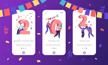 Mobil Uygulama Sayfası Için Yeni Yıl 2020 Konsepti Onboard Ekran Seti. Mutlu İnsanlar Büyük Sayılar tutun kutlamak, Konfeti ve Kıvılcım şampanya Web sitesi veya Web Sayfası, Karikatür Düz Vektör İllüstrasyon İçme