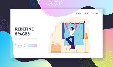 Genç Adam Merdivende Bekleme Dekan Oturma Odası Web Sitesi Açılış Sayfasında Pencerede Perdeler AsMak. Erkek Karakter Dekorasyon İç Ev Ödevi Chores Web Sayfası Banner. Karikatür Düz Vektör İllüstrasyon