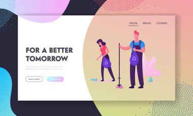 Gönüllüler Atıklar Web Sitesi Açılış Sayfası Kadar Temizleyin. İnsanlar Doğa Üzerinde Geri Dönüşüm İşareti ile Çanta çöp toplama. Kirlilik, Ekoloji Koruma Kavramı Web Sayfası Banner. Karikatür Düz Vektör İllüstrasyon
