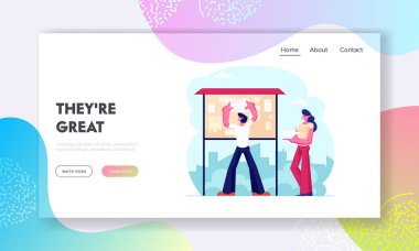 İnsanlar Reklam Web Sitesi Açılış Sayfası olun. Bülten Panosunda Duyuru ile Kağıt Broşür Yapıştıran Man Sticking, City Street Web Sayfası Banner Posterler Kadın Tutun Yığın. Karikatür Düz Vektör İllüstrasyon