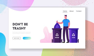 Geri Dönüşüm ve Toprak Kirliliği Web Sitesi Açılış Sayfası. Adam Cam ve Organik Çöp veya Çöp Web Sayfası Banner için Geri Dönüşüm İşareti ile Özel Konteynerler Çöp atmak. Karikatür Düz Vektör İllüstrasyon